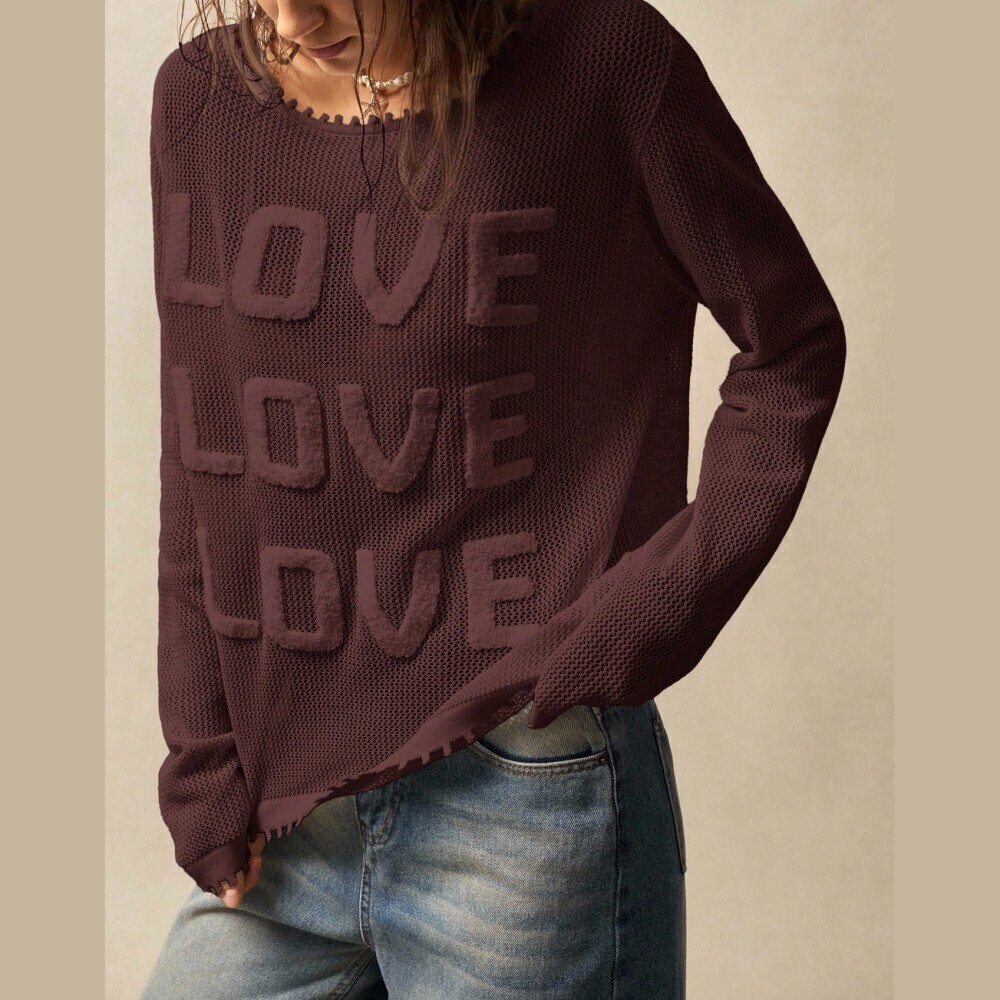 Brown Mesh Knit LOVE Graphic Long Sleeve Loose Crew Neck Oversized Sweater
